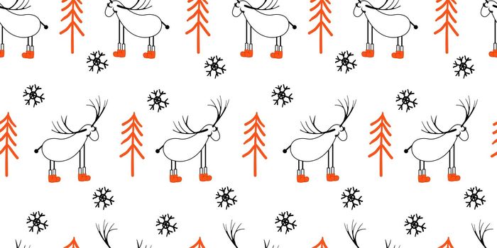 Seamless light pattern with deers and trees. Scandinavian style drawing. Linear art. Black-white illustration. Hello winter.