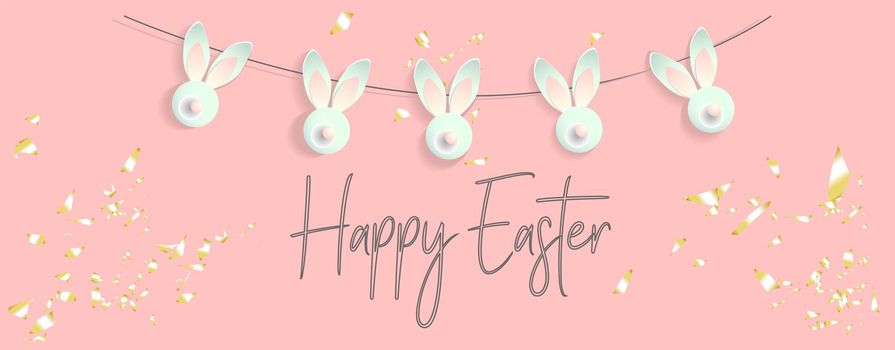 Easter background. Festive design composition top view. bunnies. Golden confetti decoration, garland with rabbits .. Happy Easter. Horizontal banner, postcard, flyer. Greeting card. Pink tender spring