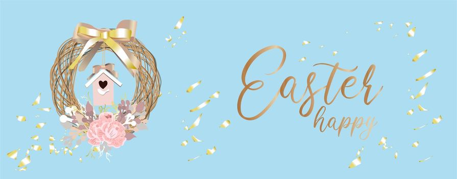 Easter banner. Advertising poster. Easter. SPRING HOLIDAY. Christian religion. A wreath of branches on a blue background. Birdhouse. illustration. Website header. Horizontal format.