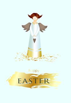 Easter banner. Vertical poster, postcard, background with text Happy Easter. Angel on a light background. elegant. Gold brush stroke. Design with realistic objects. Christian religion. Spring.