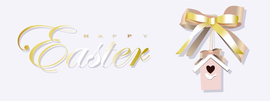 Happy easter background with realistic golden glitter decorated house for birds and confetti. Invitation template. illustration for greeting card, announcement, promotion, poster, flyer, web ba
