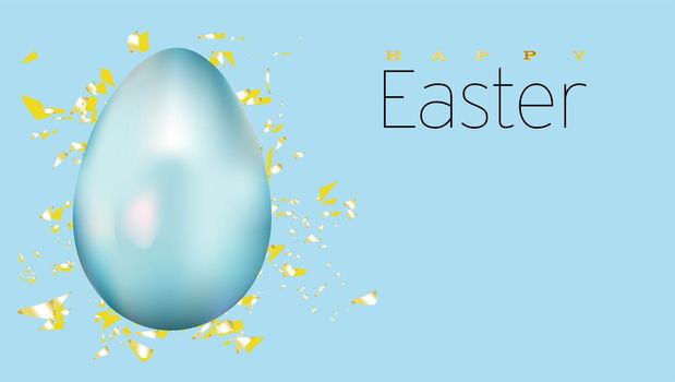 Easter banner. Horizontal poster, postcard, website headers, background with text happy easter. Chicken egg on a blue background. Elegant Design with realistic objects..