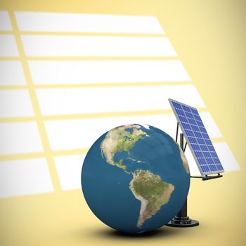 3d illustration of globe with solar panel against white stripes on yellow wall