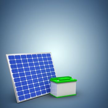 Digitally generated image of 3d solar panel with battery against purple vignette