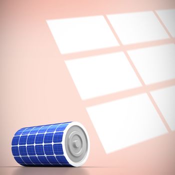 3d image of blue solar battery against squares on orange background