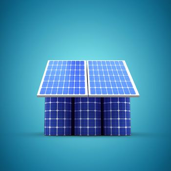 3d image of house model made from solar cell and panels against blue vignette background