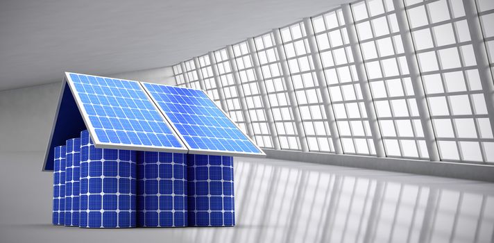 3d image of model home made from solar panels and cells against abstract room