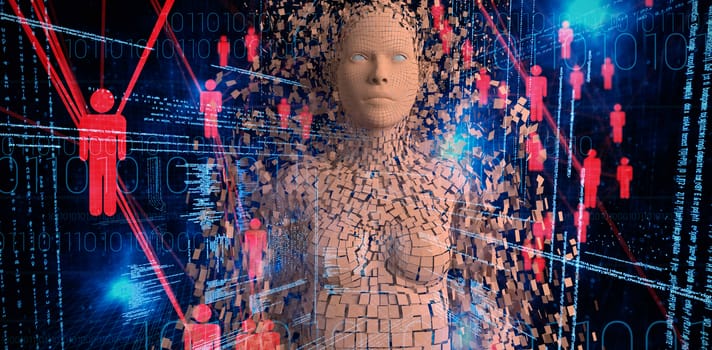 Close-up of composite brown pixelated 3d woman against binary codes and people icons