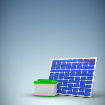Digitally composite image of 3d solar panel with battery  against purple vignette