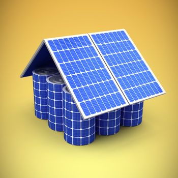 3d image of model house made from solar panels and cells against yellow vignette