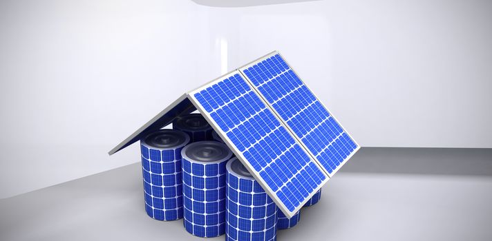 3d image of house model made from solar panels and cells against abstract room