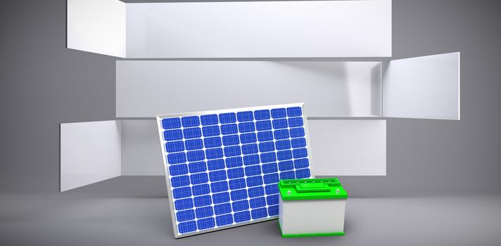 Vector image of 3d solar panel with battery against abstract room