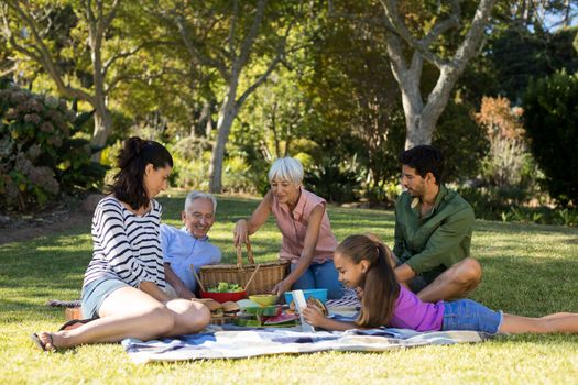 Happy family having picnic in the park on a sunny day