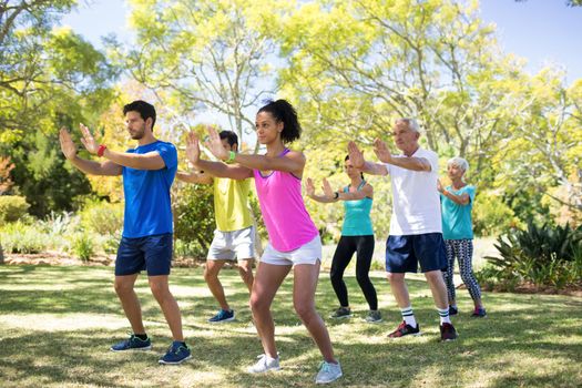 Group of people exercising in the park on a sunny day