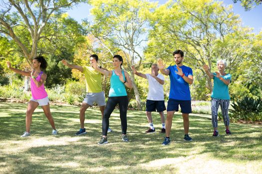 Group of people exercising in the park on a sunny day
