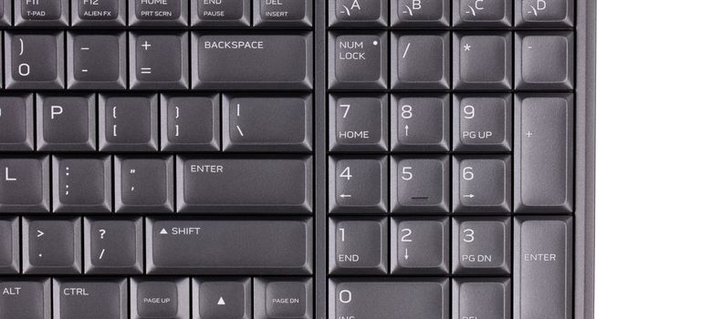 Close up of black computer laptop keyboard, isolated on white