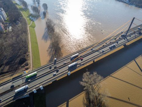 Rhine bridge of the Highway A40 in Duisburg Neuenkamp, Germany during flood