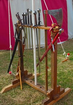 Wooden sack full of medieval weapons