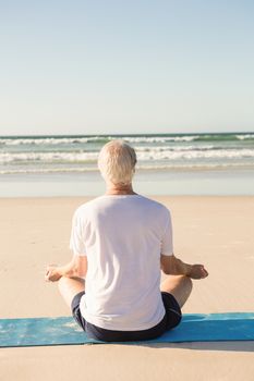 Rear view of senior man doing yoga at beach on sunny day