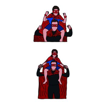 Vector icon set of dad and son in superhero costume against white background