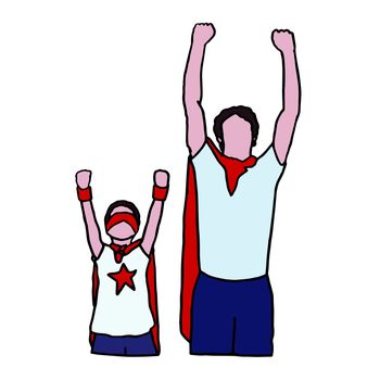 Vector icon set of dad and son in superhero costume against white background