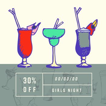 Greeting card with cocktail glasses and girls night text against white background