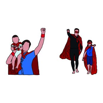 Vector icon set of dad and son in superhero costume against white background