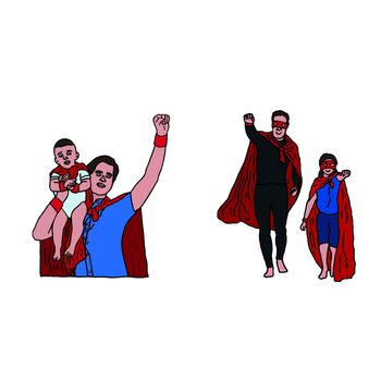 Vector icon set of dad and son in superhero costume against white background