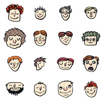 Vector icon set of dad faces against white background