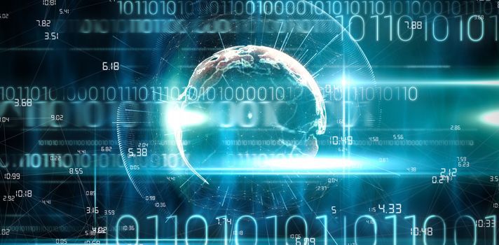 Image of earth with different times against blue technology design with binary code