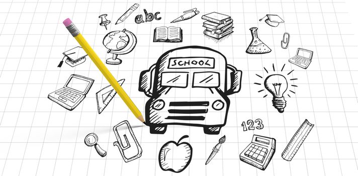 Computer graphic image of pencil against education doodles