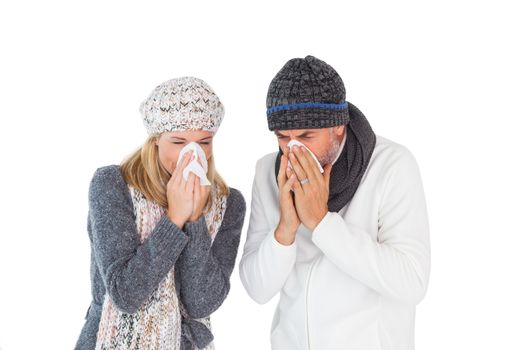 Sick couple in winter fashion sneezing on white background