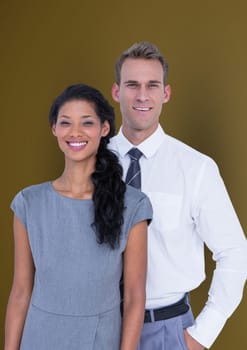 Digital composite of Confident business people smiling over colored background