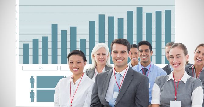 Digital composite of Happy business people against graph
