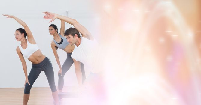 Digital composite of People stretching and peach transition