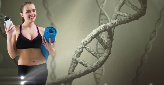 Digital composite of Woman holding yoga mat and bottle against DNA structures