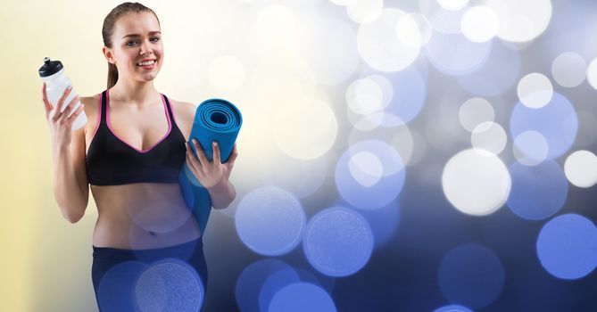 Digital composite of Fit woman holding yoga mat and water bottle