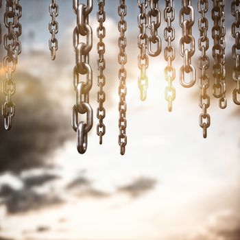 3d image of chains hanging against blue and orange sky with clouds