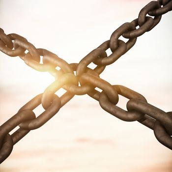 Closeup 3d image of chains in cross shape against scenic view of sky during sunset