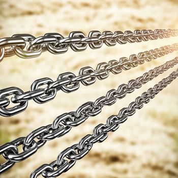 Row of 3d metal chains  against harvester machine working on field