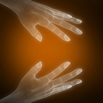 3d image of human hand against orange background with vignette