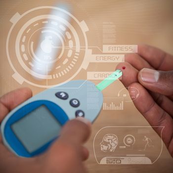 Human heart illustration over black background against hands using glucometer to check blood sugar