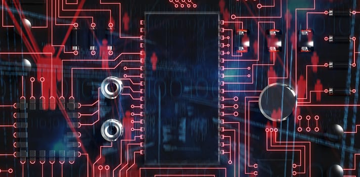 Binary codes and people icons against close up of circuit board