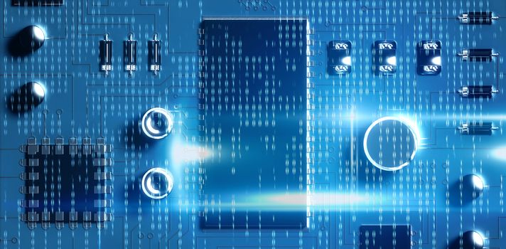 Blue technology interface with binary code against close up of blue circuit board