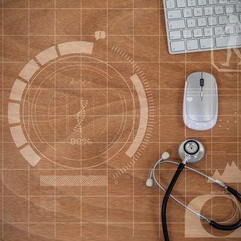 Human development illustration over black background against computer mouse and keyboard with stethoscope on wooden table