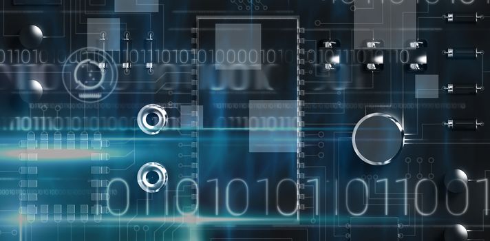 Blue technology design with binary code against close up of circuit board