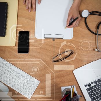 Human performance illustration over black background against overhead view of doctor writing on clipboard at desk 