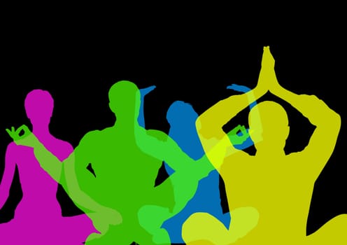 Digital composite of Intense color silhouettes doing yoga  with opacity. Black background