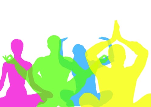 Digital composite of Intense color silhouettes doing yoga  with opacity. White background