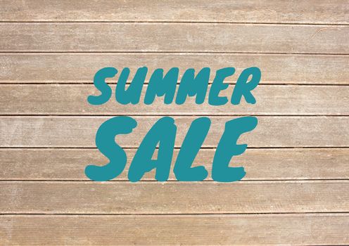 Digital composite of Blue summer sale text against decking